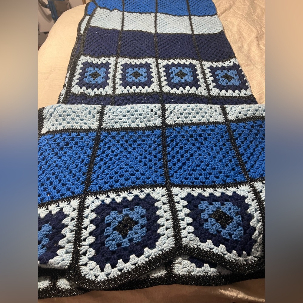Large Boho Blue Black Crochet Blanket